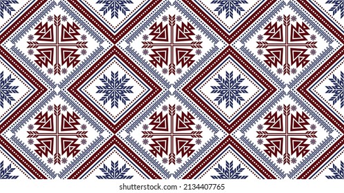 Geometric ethnic bohemian seamless pattern. Design for background, fabric, clothing, rug, carpet, scarf, floor. Vector illustration. Blue and red motifs on white background.