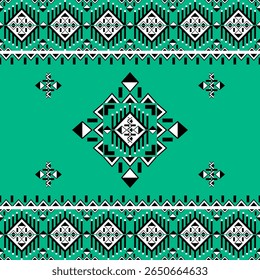 Geometric ethnic boho seamless pattern on a green background. Native ethnic pattern. Tribal pattern. Aztec ornament. Ideas for wallpaper, carpet, fabric vector, tiles, elaborate borders, and textiles.