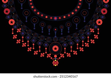 Geometric Ethnic collar oriental pattern traditional on black background. Floral necklace embroidery design for fashion ethnic pattern neck Aztec style, bohemian neckline