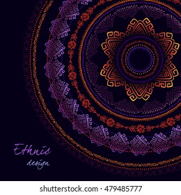 Geometric ethnic colorful design. Sunny circle tribal ornament frame and black background. Night sky concept. Vector illustration stock vector.