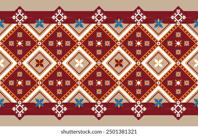 Patrón colorido étnico geométrico con patrón de flor de triángulo Diseño para tela, fondo, cortina, alfombra, ropa, envoltura, Batik, Fondo de pantalla de tela, patrón de Ilustración vectorial