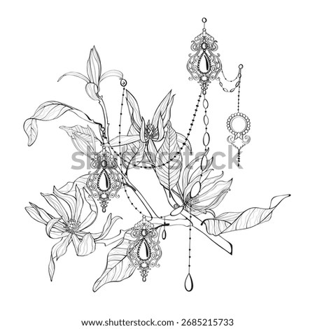 Geometric ethnic composition with necklace, collar, pendant, earring. Vector with flowers. Template for scarves, dresses, shirts. Vintage textile collection.