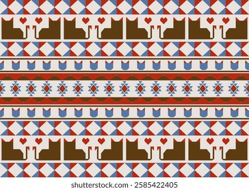 Geometric Ethnic cute cat small heart seamless pattern with beige, blue red and brown. Vector illustration.