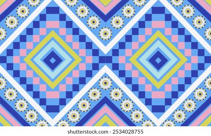 Geométrico, diseño étnico para decorativo, ropa, alfombra, fondo, tela, artesanía, tribal, cuadrado, sin costuras, retro, cortinas, geométrico tradicional, étnico, cojines, almohada, impresión, étnico, nativo