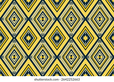 Geometric ethnic diamond pattern in yellow and navy tones. Seamless tribal design, Aztec, African, native, primitive, zigzag, symmetrical, ideal for textiles, print, wallpapers, background, backdrop.