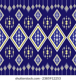 Geometric ethnic embroidery floral pattern, beautiful and unique from local woven fabric. Blue background, designed for garment, tile, clothing, textile, carpet, cloth bag.