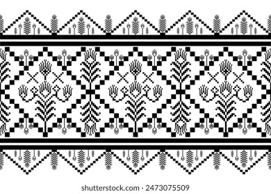 Geometric ethnic embroidery floral pattern with black and white color