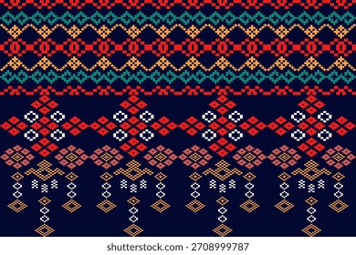 Patrón geométrico del bordado étnico en rojo y azul, estilo tribal asiático
