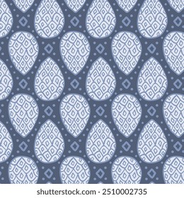 Geometric ethnic endless pattern of pine cones against background with doodle texture. Blue geometric traditional print.