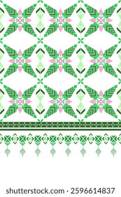 Geometric ethnic fabric, Native American tribal fabric, pink floral pattern, green leaves on white background. Use for rugs, wallpaper, embroidery, illustrations, cards, scrapbooks. seamless borders