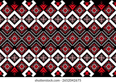 A geometric ethnic fabric pattern featuring diamonds and crisscross lines in red, black, and white. Suitable for textile designs, wallpapers, and ethnic themed backgrounds.