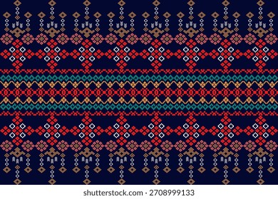 Patrón de tela étnica geométrica en rojo y azul, estilo tribal asiático