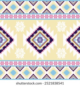 Geometric Ethnic Fabric Pattern with Vibrant Diamond Shapes.