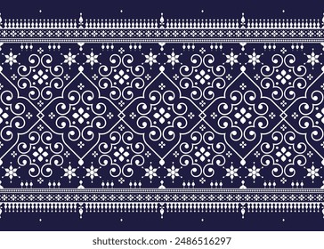 geometric ethnic fabric seamless pattern on dark blue background, design for cloth, carpet, batik, wallpaper, wrapping etc.