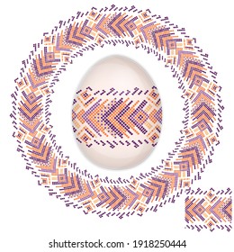 Geometric ethnic flat pattern traditional design.Patterned egg, border brush and circular pattern frame set.Vector template in flat  colors for Easter holiday decoration.