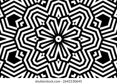 Geometric ethnic floral black white pattern. Template, stencil for laser cutting metal, wood carving, coloring, stained glass, logo. Ornaments, fresco, tiles of the East, Asia, India, Mexico, Aztec.