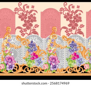 Geometric ethnic floral border and patterns with minimalistic floral accents for home decor fabrics, wallpapers, and gift wraps.