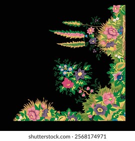 Geometric ethnic floral border and patterns with minimalistic floral accents for home decor fabrics, wallpapers, and gift wraps.