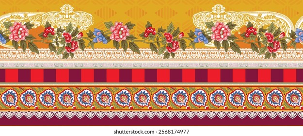 Geometric ethnic floral border and patterns with minimalistic floral accents for home decor fabrics, wallpapers, and gift wraps.