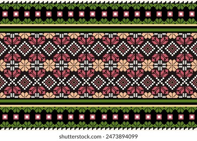Patrón floral étnico geométrico sobre fondo negro. Ilustración vectorial. Punto de cruz floral tradicional. Estilo azteca. Fondo Abstractas. Diseño para textura, tela, ropa.