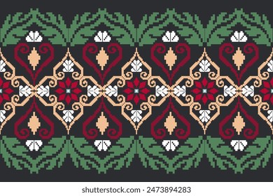Geometric ethnic floral pattern on black background. Vector illustration. Traditional floral cross stitch. Aztec style. Abstract background. Design for texture, fabric, clothing.
