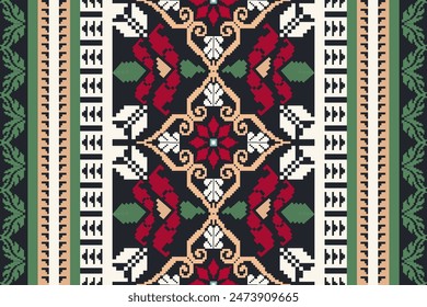 Geometric ethnic floral pattern on black background. Vector illustration. Traditional floral cross stitch. Aztec style. Abstract background. Design for texture, fabric, clothing.