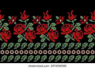 Geometric ethnic floral pattern on black background. Vector illustration. Traditional floral cross stitch. Aztec style. Abstract background. Design for texture, fabric, clothing.