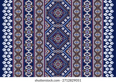 Patrón floral étnico geométrico sobre fondo azul marino, Ilustración vectorial, patrón de punto de cruz floral, patrón de flor geométrica, fondo abstracto. diseño para textura, tela, ropa, decoración, alfombra.