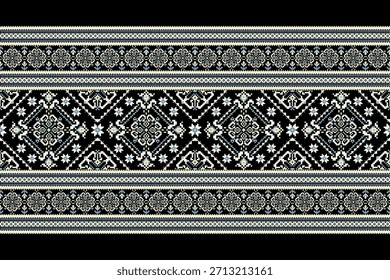 Patrón floral étnico geométrico sobre fondo negro, Ilustración vectorial, patrón de punto de cruz floral, patrón de flor geométrica, fondo abstracto. diseño para textura, tela, ropa, decoración, alfombra.
