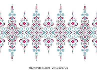 Patrón floral étnico geométrico sobre fondo blanco, Ilustración vectorial, patrón oriental geométrico tradicional, patrón de punto de cruz floral. diseño para textura, tela, ropa, envoltura, decoración, impresión.