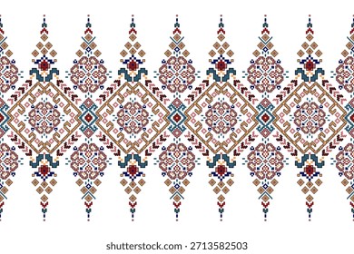Patrón floral étnico geométrico sobre fondo blanco, Ilustración vectorial, patrón oriental geométrico tradicional, patrón de punto de cruz floral. diseño para textura, tela, ropa, envoltura, decoración, impresión.