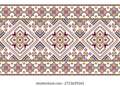 Patrón floral étnico geométrico sobre fondo blanco, Ilustración vectorial, patrón oriental geométrico tradicional, patrón de punto de cruz floral. diseño para textura, tela, ropa, envoltura, decoración, impresión.