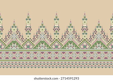 Patrón floral étnico geométrico sobre fondo marrón, Ilustración vectorial, patrón oriental geométrico tradicional, patrón de punto de cruz floral. diseño para textura, tela, ropa, envoltura, decoración, impresión.