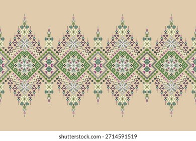 Patrón floral étnico geométrico sobre fondo marrón, Ilustración vectorial, patrón oriental geométrico tradicional, patrón de punto de cruz floral. diseño para textura, tela, ropa, envoltura, decoración, impresión.