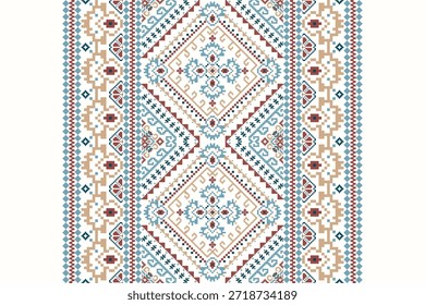 Padrão floral étnico geométrico sobre fundo branco,ilustração vetorial,padrão floral de ponto cruzado,padrão geométrico da flor,plano de fundo abstrato.design para textura,tecido,roupas,decoração,impressão.