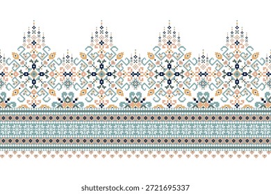 Padrão floral étnico geométrico sobre fundo branco,ilustração vetorial,padrão floral de ponto cruzado,padrão geométrico de flor,background.design abstrato para textura,tecido,roupas,decoração,impressão,sarong.