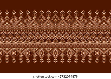 Patrón floral étnico geométrico sobre fondo marrón, Ilustración vectorial, patrón de punto de cruz floral, patrón de flor geométrica, fondo abstracto. diseño para textura, tela, ropa, decoración, impresión, bufanda