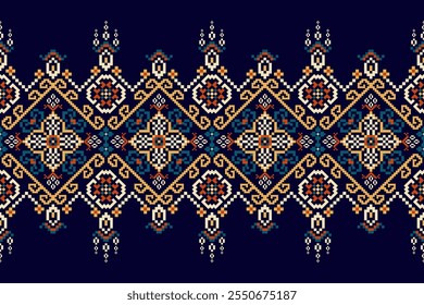 Geometric ethnic floral pattern,geometric oriental pattern on navy blue background,vector illustration,geometric flowers embroidery,Aztec style,abstract background.design for texture,fabric,clothing.