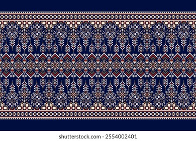 Geometric ethnic floral pattern,geometric oriental pattern on navy blue background,vector illustration,geometric flowers embroidery,Aztec style,abstract background.design for texture,fabric,clothing