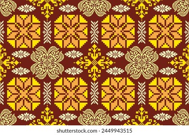 Geometric ethnic floral pixel art embroidery, Aztec style, abstract background design for fabric, clothing, textile, wrapping, decoration, scarf, print, wallpaper, table runner.