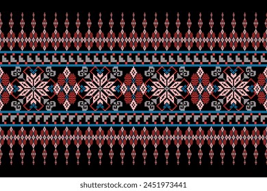 Geometric ethnic floral pixel art embroidery, Aztec style, abstract background design for fabric, clothing, textile, wrapping, decoration, scarf, print, wallpaper, table runner.