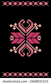 Geometric ethnic floral pixel art embroidery, Aztec style, abstract background design for fabric, clothing, textile, wrapping, decoration, scarf, print, wallpaper, table runner.