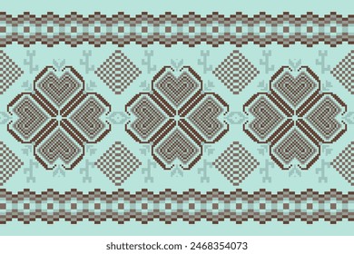 Geometric ethnic floral pixel art embroidery, Aztec style, abstract background design for fabric, clothing, textile, wrapping, decoration, scarf, print, wallpaper, table runner.