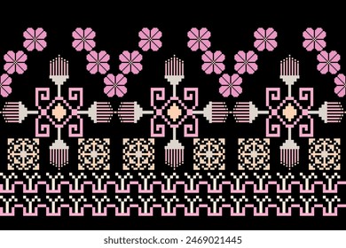 Geometric ethnic floral pixel art embroidery, Aztec style, abstract background design for fabric, clothing, textile, wrapping, decoration, scarf, print, wallpaper, table runner.