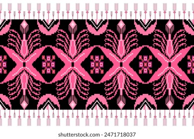 Geometric ethnic floral pixel art embroidery, Aztec style, abstract background design for fabric, clothing, textile, wrapping, decoration, scarf, print, wallpaper, table runner.