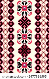 Geometric ethnic floral pixel art embroidery, Aztec style, abstract background design for fabric, clothing, textile, wrapping, decoration, scarf, print, wallpaper, table runner.