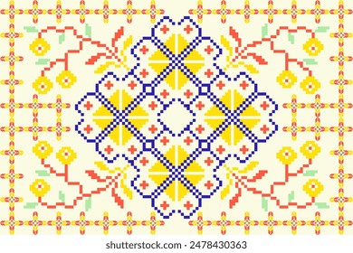 Geometric ethnic floral pixel art embroidery, Aztec style, abstract background design for fabric, clothing, textile, wrapping, decoration, scarf, print, wallpaper, table runner.