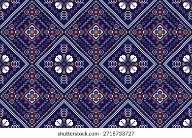 Geometric ethnic floral seamless pattern on navy blue background,vector illustration,floral cross stitch seamless pattern,abstract background.design for texture,fabric,clothing,decoration,print,tile.