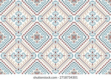 Geometric ethnic floral seamless pattern on white background,vector illustration,floral cross stitch seamless pattern,abstract background.design for texture,fabric,clothing,decoration,print,sarong,rug