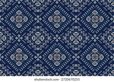 Geometric ethnic floral seamless pattern navy blue background,vector illustration,floral cross stitch seamless pattern,Aztec style,abstract background.design for texture,fabric,clothing,decoration,tile.